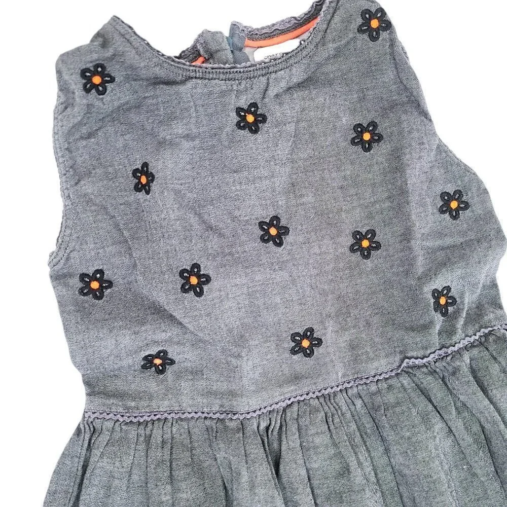 Cherry Crumble California Gray Chambray Denim Embroidered Sleeveless Dress